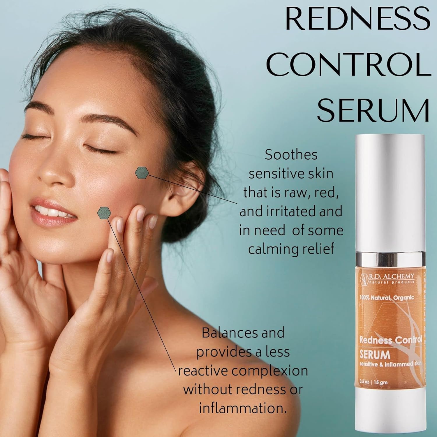 Introducing the "RD Alchemy - 100% Natural & Organic Redness Control Serum," a soothing remedy for those battling redness and irritation. Crafted by R.D. ALCHEMY, this serum boasts an array of organic and natural ingredients, including Chamomile and Lavender.